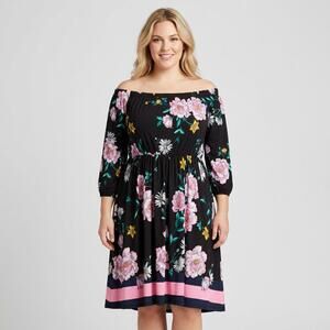 Lane Bryant Black Floral Midi Dress with Pink and Yellow Accents size 14/16